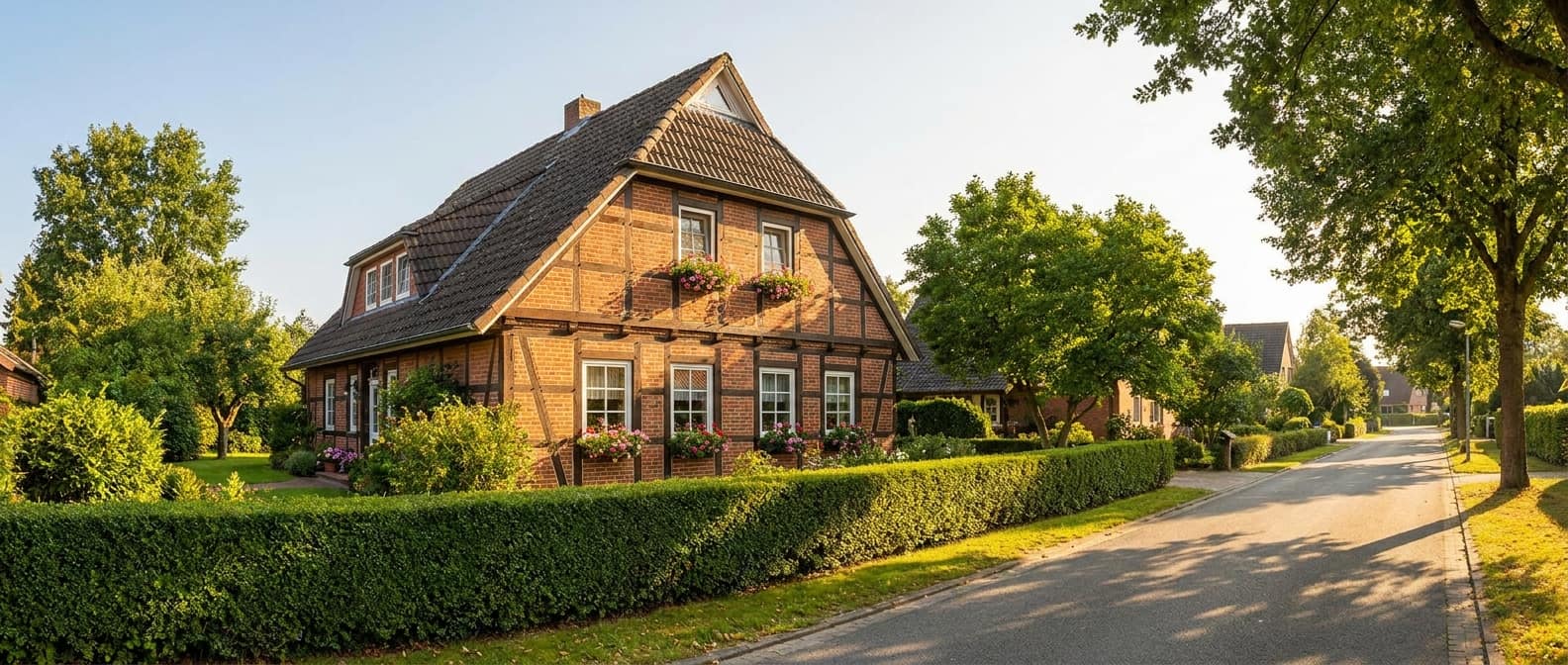 Gepflegtes Einfamilienhaus mit Garten im warmen Nachmittagslicht