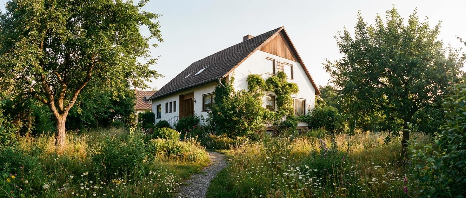 Einfamilienhaus aus den 1960er Jahren mit altem Baumbestand im Morgenlicht