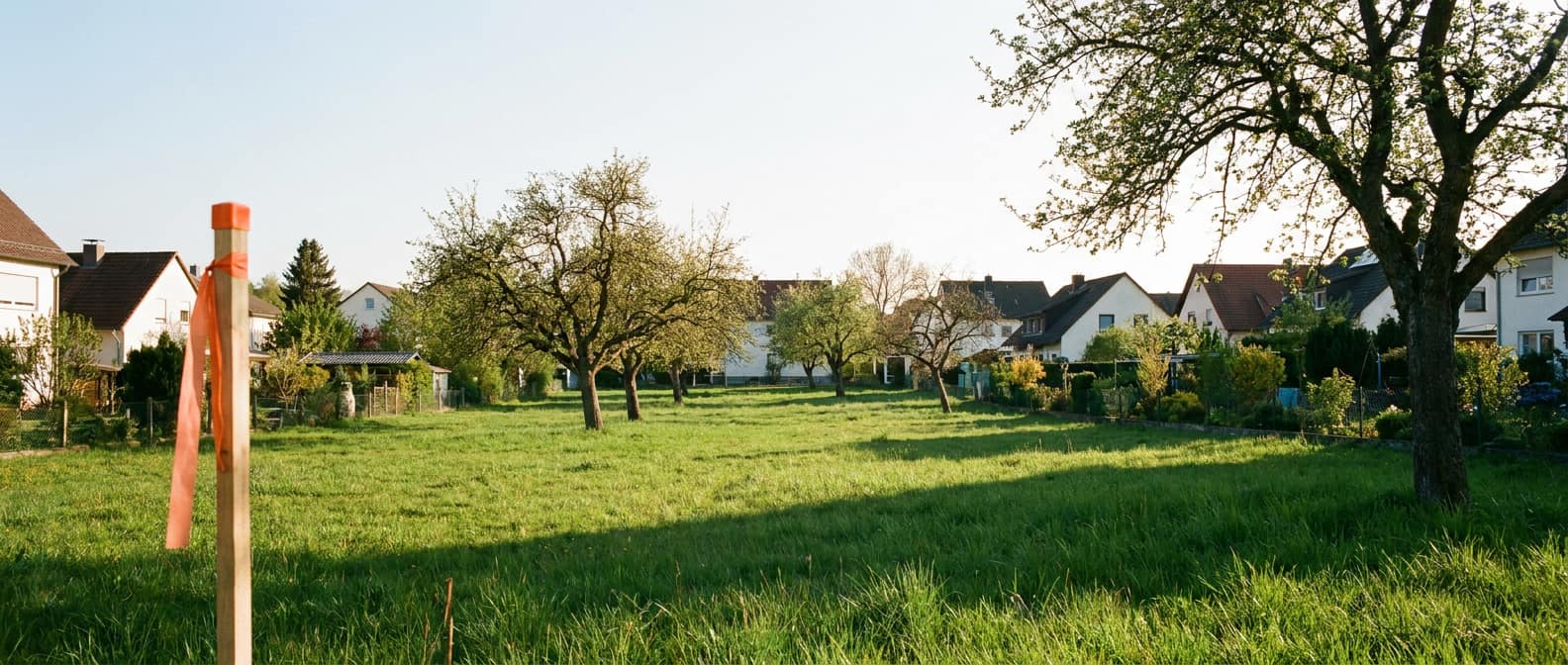 Unbebautes Baugrundstück mit Wiese und Obstbäumen am Rand eines Wohngebiets