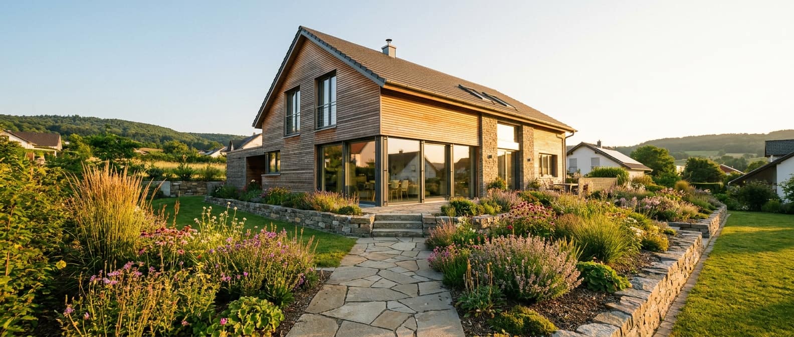 Modernes Einfamilienhaus mit Vorgarten im Abendlicht