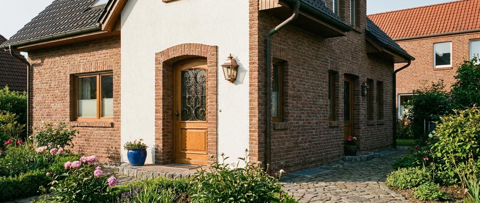 Gepflegtes Einfamilienhaus mit detailreicher Fassade im seitlichen Morgenlicht