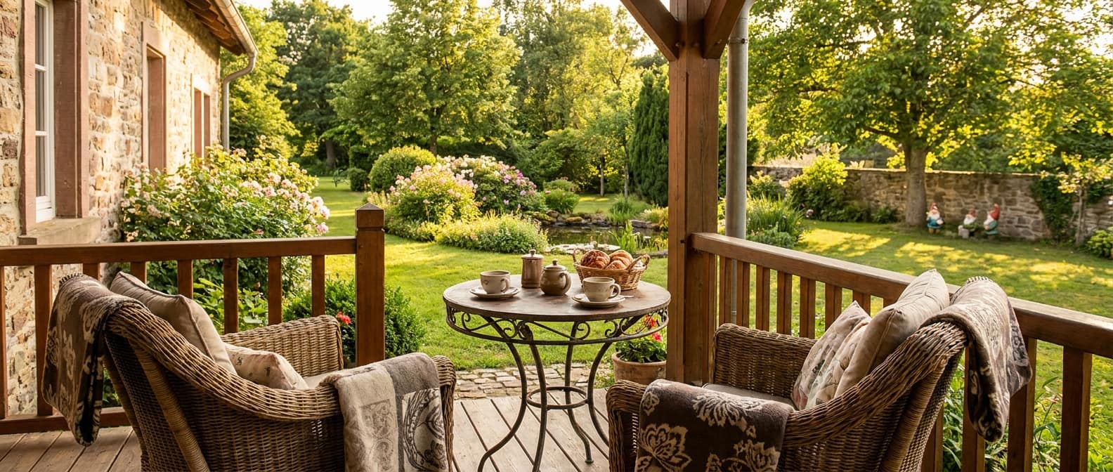 Veranda eines Einfamilienhauses mit Korbstühlen im goldenen Morgenlicht