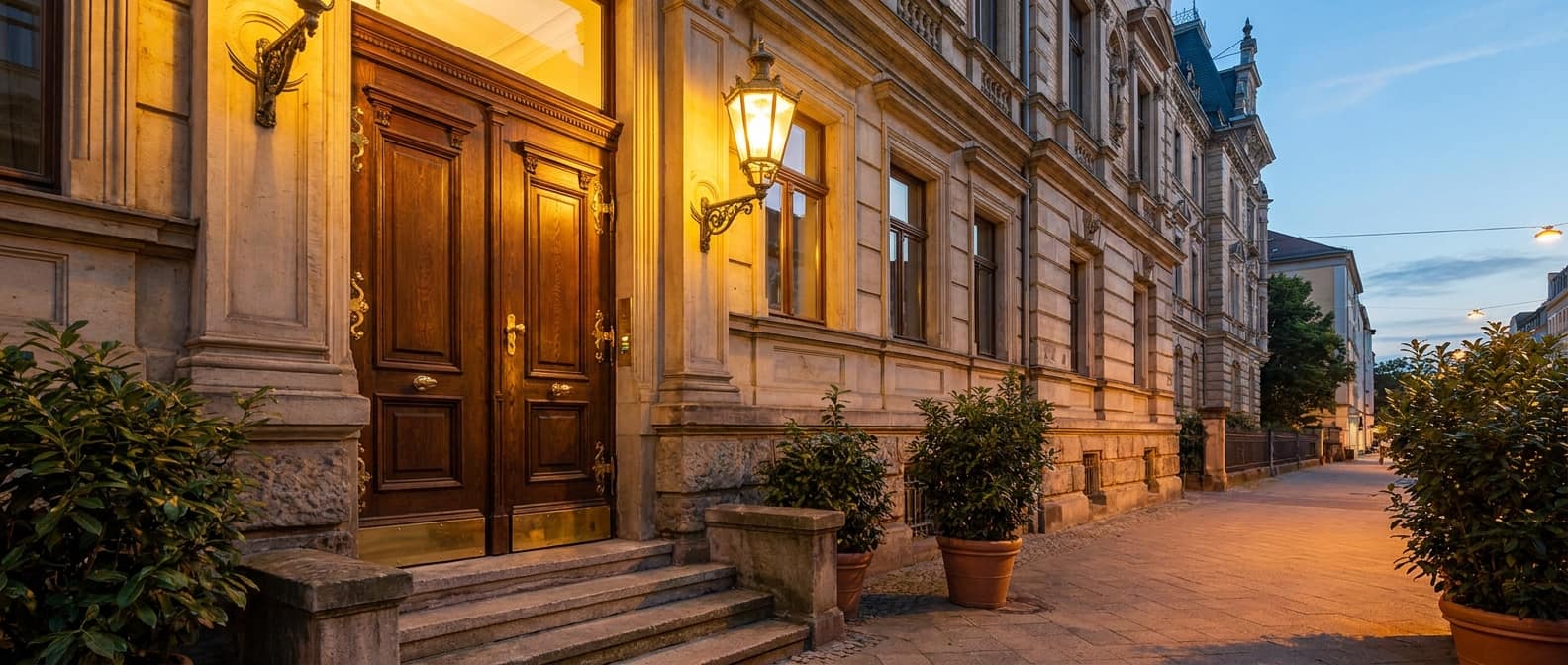 Eleganter Gründerzeit-Hauseingang mit Messingdetails im Abendlicht
