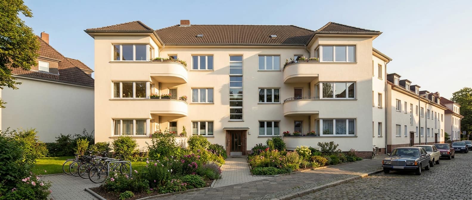 Gepflegtes Mehrfamilienhaus mit heller Fassade und Vorgarten im Nachmittagslicht