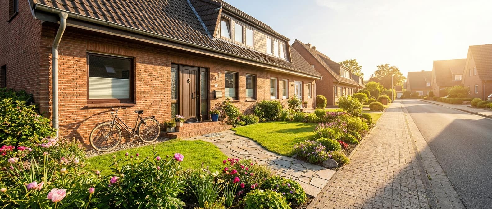 Freundliches Reihenhaus mit Vorgarten und Fahrrad an der Hauswand