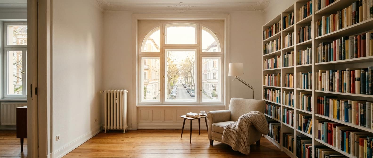 Helle Leseecke mit Bücherregal und Blick auf eine ruhige Wohnstraße