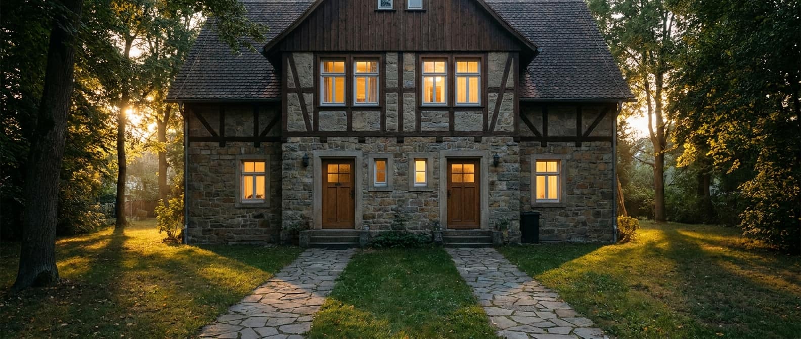 Symmetrisches Doppelhaus mit zwei identischen Haustüren im Abendlicht