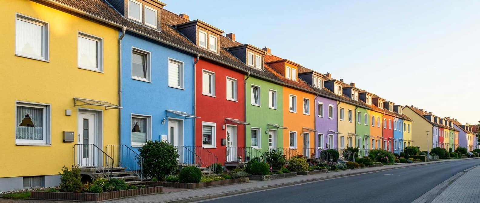 Bunte Reihenhäuser in einer Reihe mit unterschiedlichen Fassadenfarben