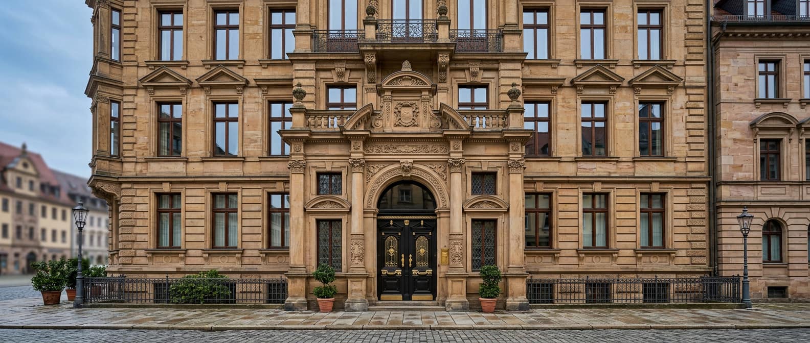 Ehrwürdige Altbau-Bürofassade mit Sandstein-Portal in deutscher Innenstadt