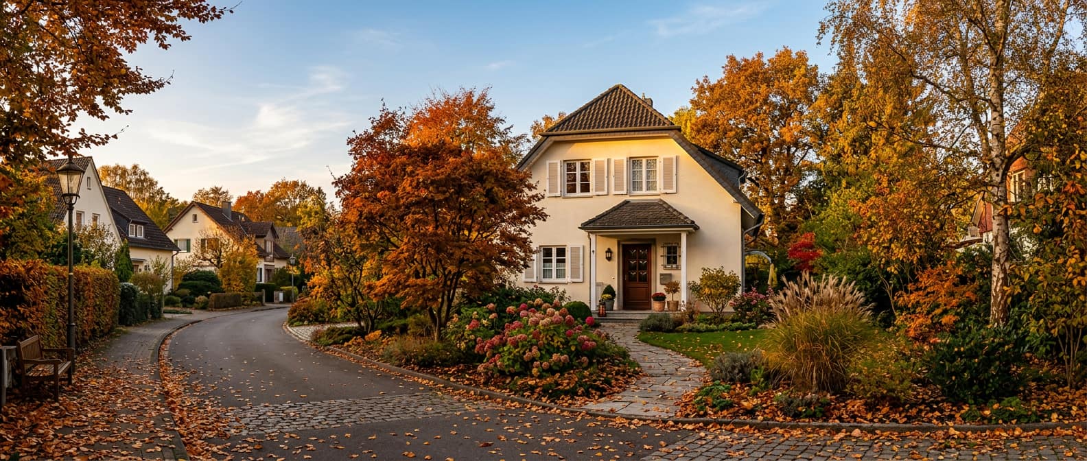 Einfamilienhaus im Herbst mit buntem Laub im goldenen Nachmittagslicht