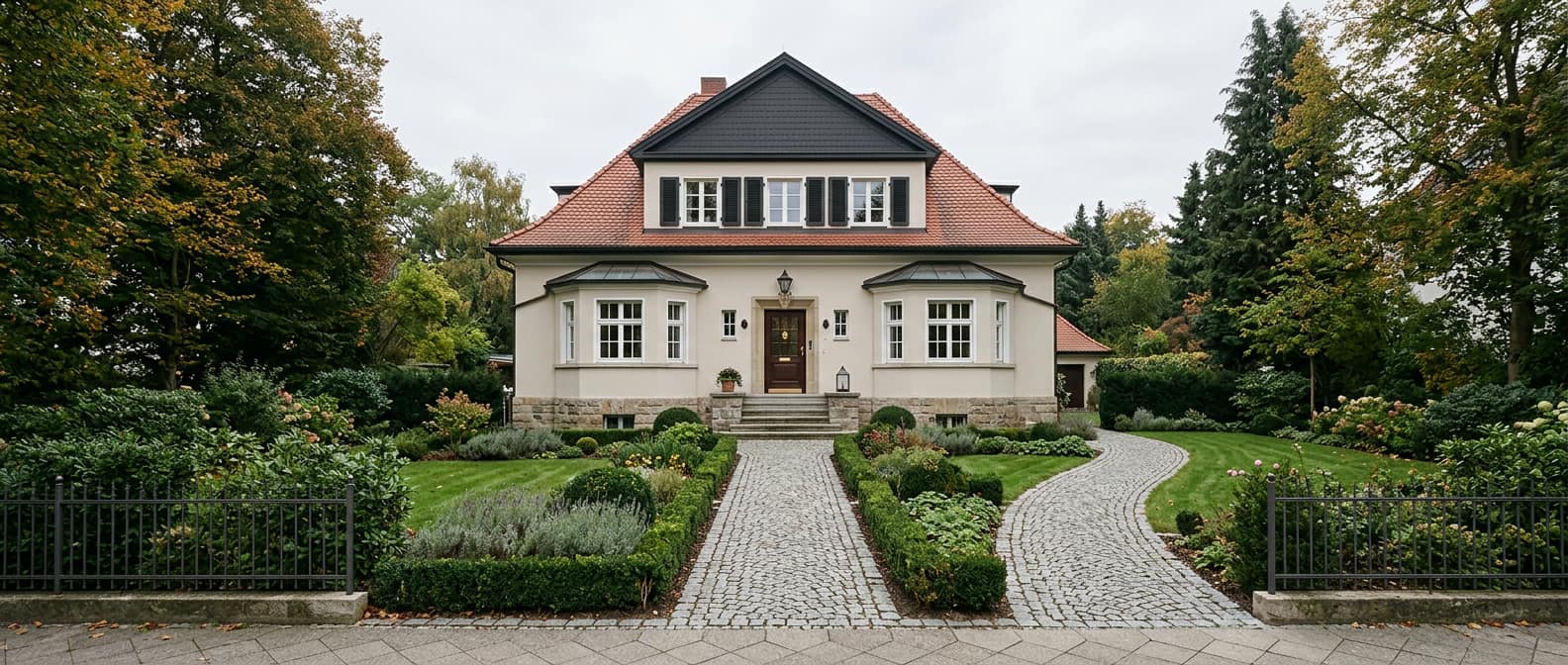 Einfamilienhaus mit zwei getrennten Wegen im Vorgarten unter weichem Licht