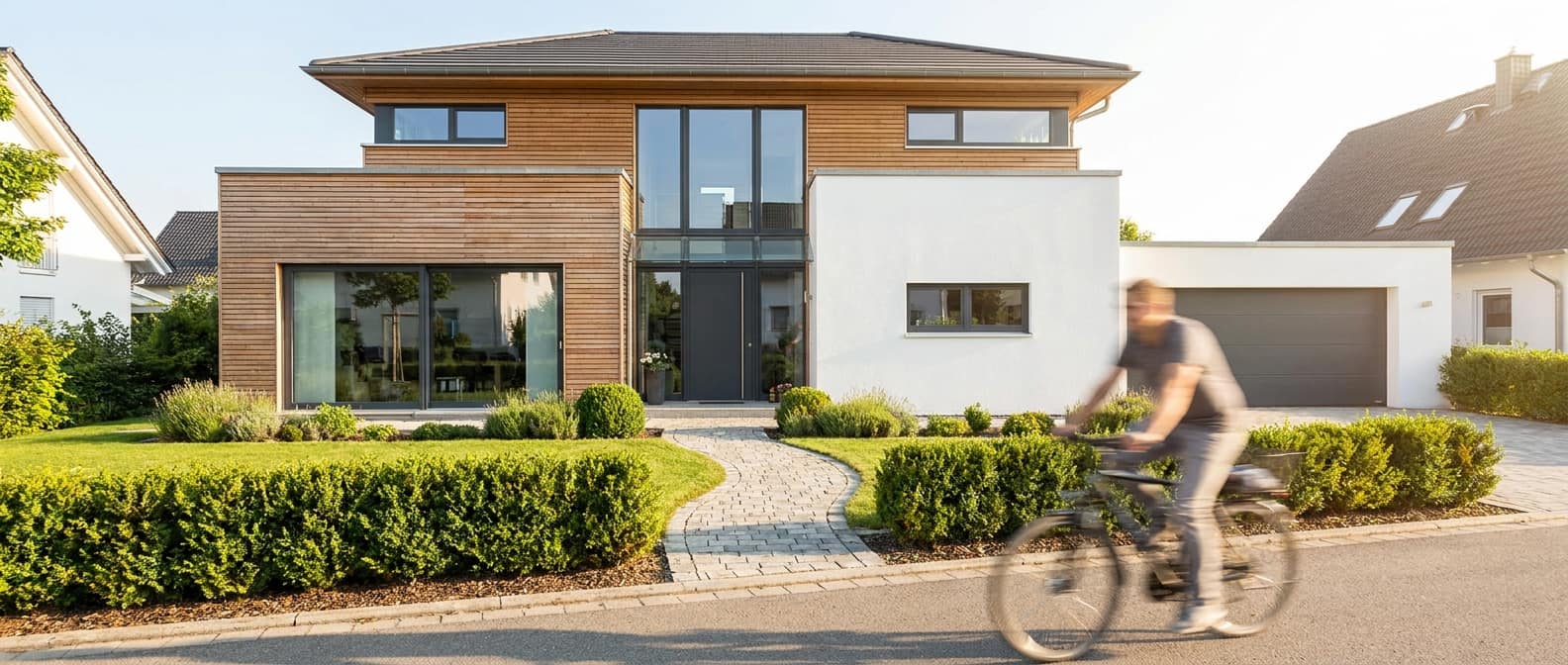 Einfamilienhaus mit Verkaufsschild am Gartenzaun im hellen Mittagslicht