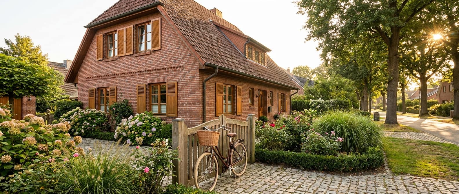 Einfamilienhaus mit Klinkerfassade, zur Hälfte im warmen Abendlicht