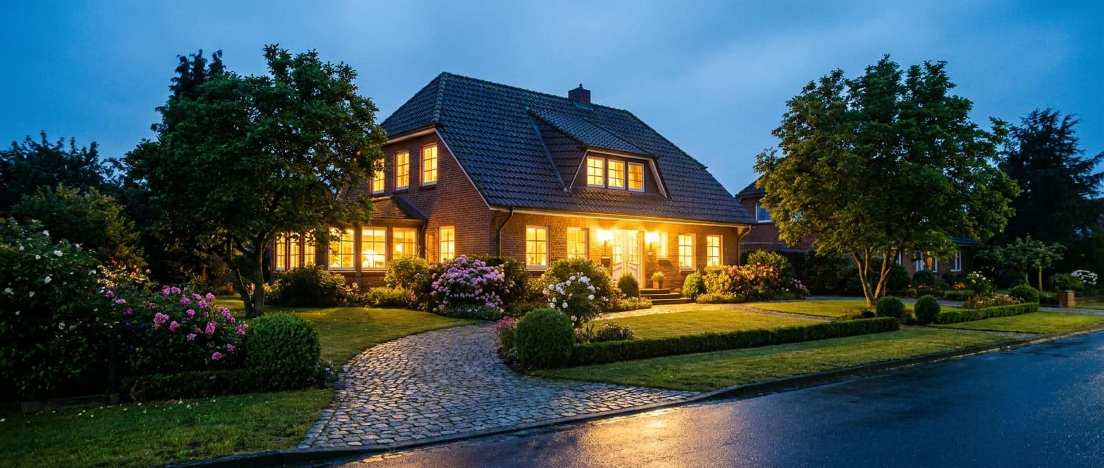 Einfamilienhaus zur blauen Stunde mit warm erleuchteten Fenstern
