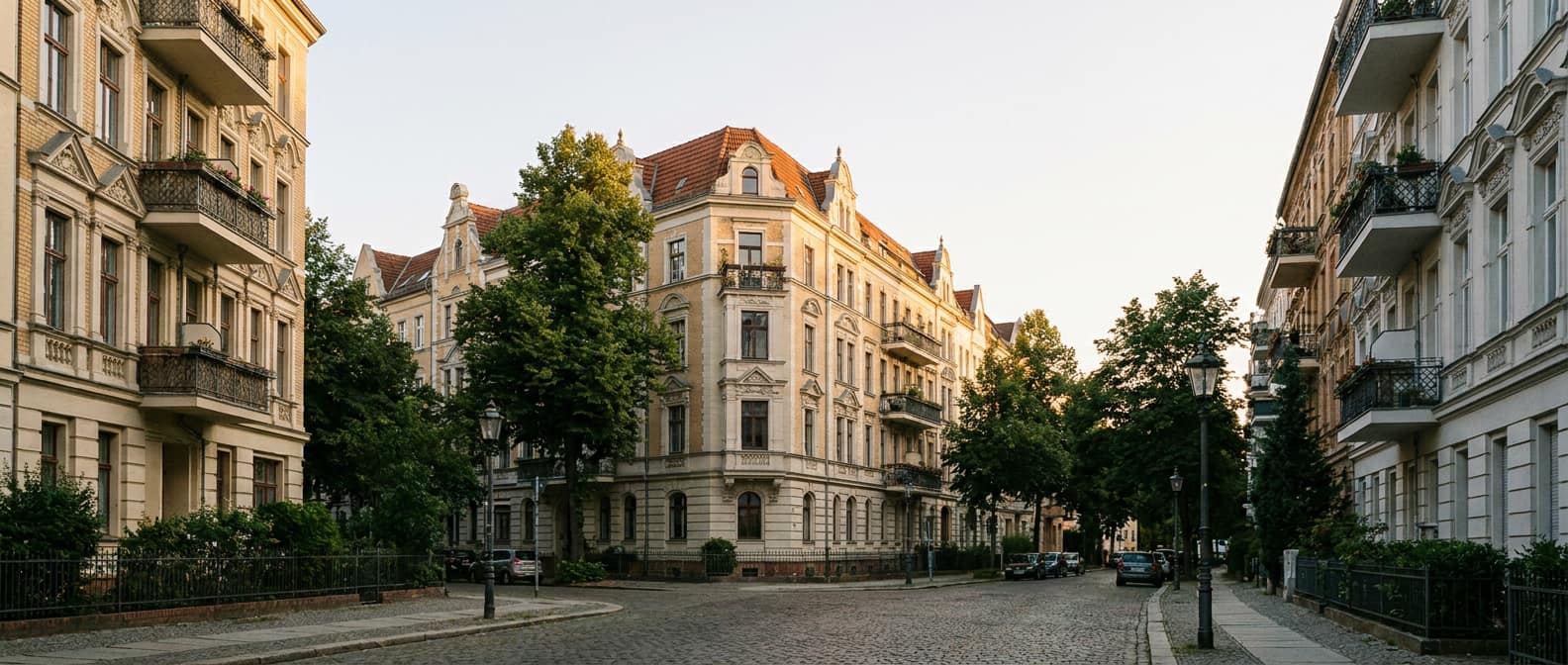 Ruhige Gründerzeit-Wohnstraße mit Altbaufassaden im warmen Abendlicht