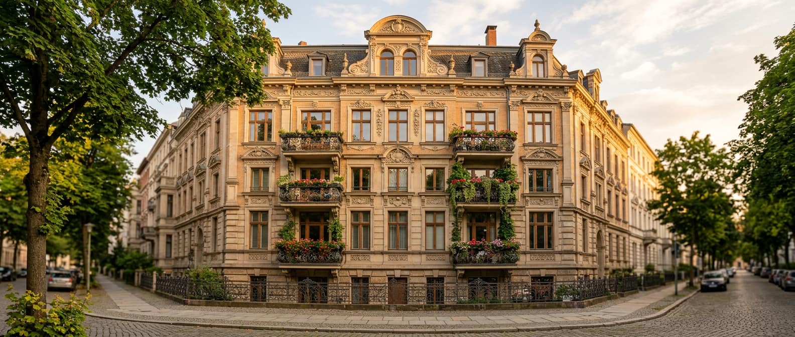 Elegante Altbau-Wohnfassade mit Balkonen im warmen Abendlicht