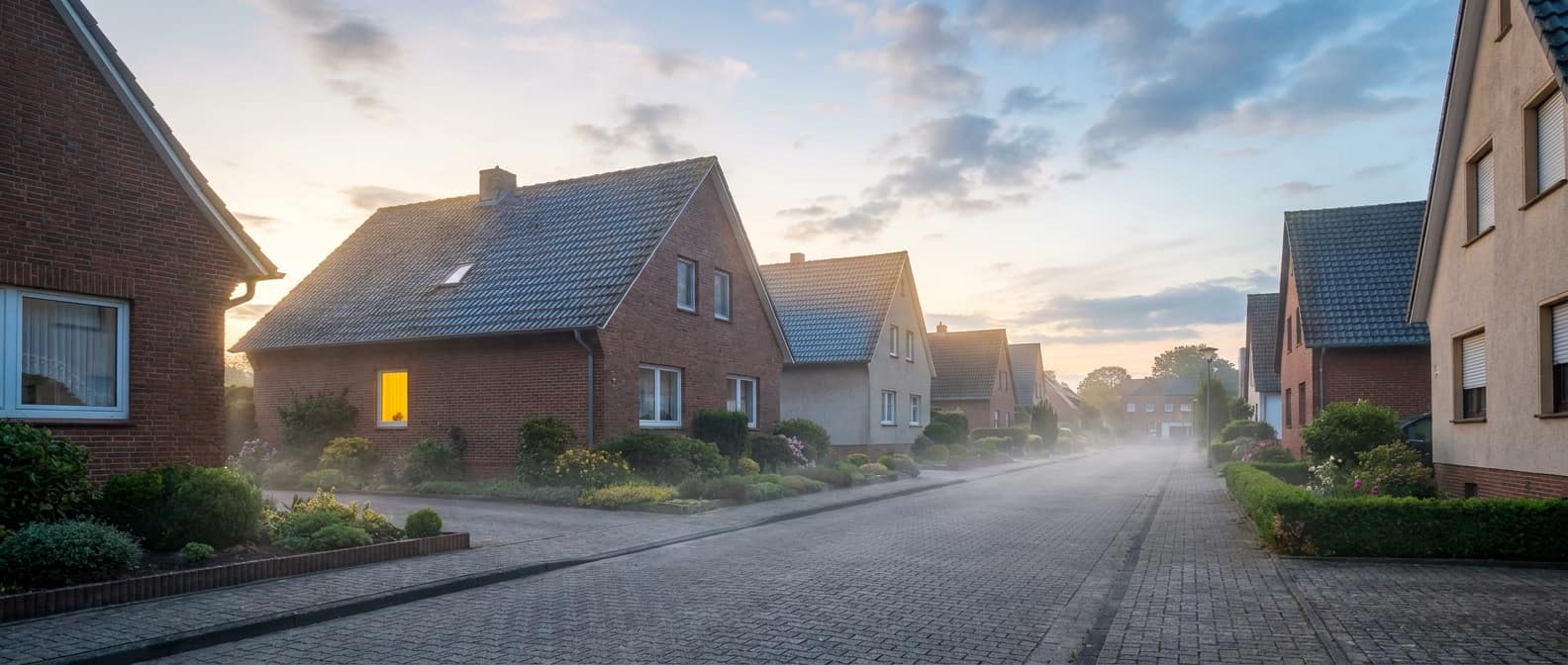 Ruhige Wohnstraße im ersten Morgenlicht mit warm erleuchtetem Fenster