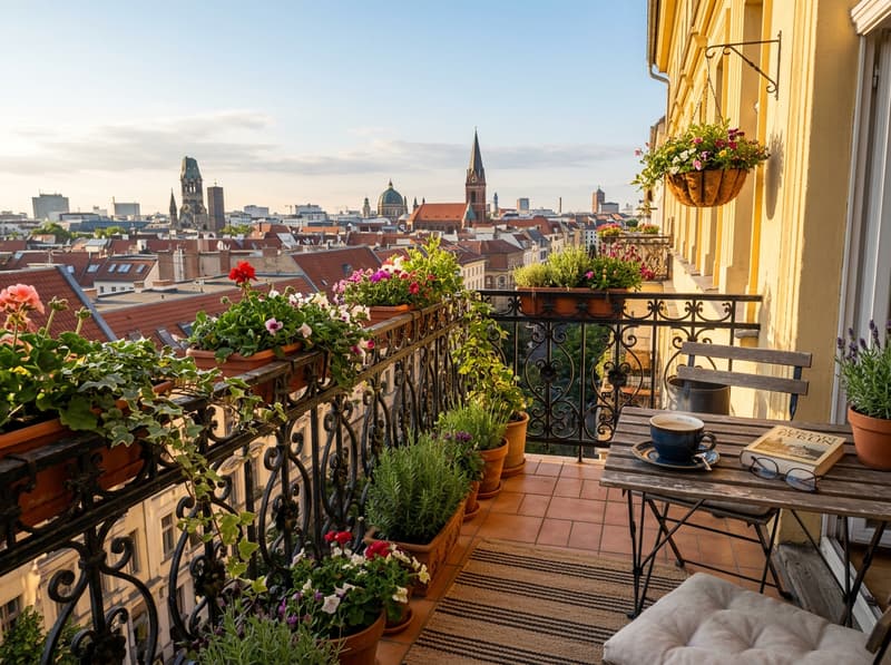 Altbau-Balkon mit Blick über die Dächer einer deutschen Stadt am Morgen