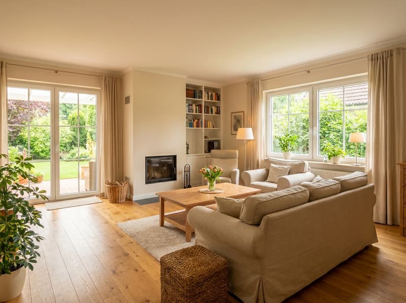 Helles Wohnzimmer mit Blick in einen grünen Garten